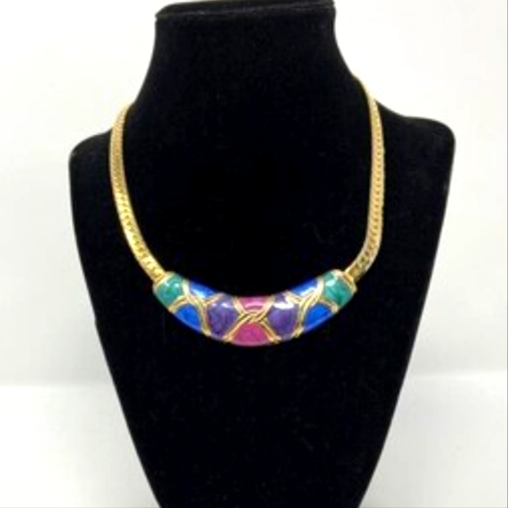 Vintage Gold Tone Enamel Multi Colored Omega Flat Chain Choker Necklace